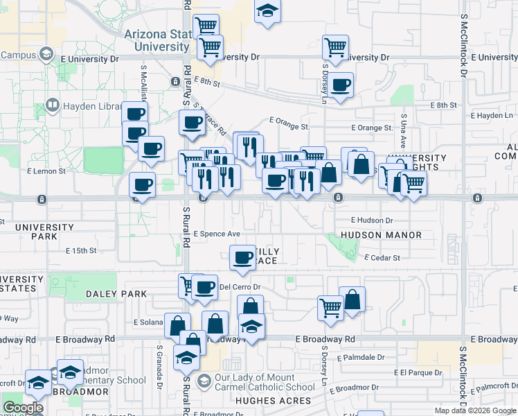 map of restaurants, bars, coffee shops, grocery stores, and more near 1111 East Apache Boulevard in Tempe