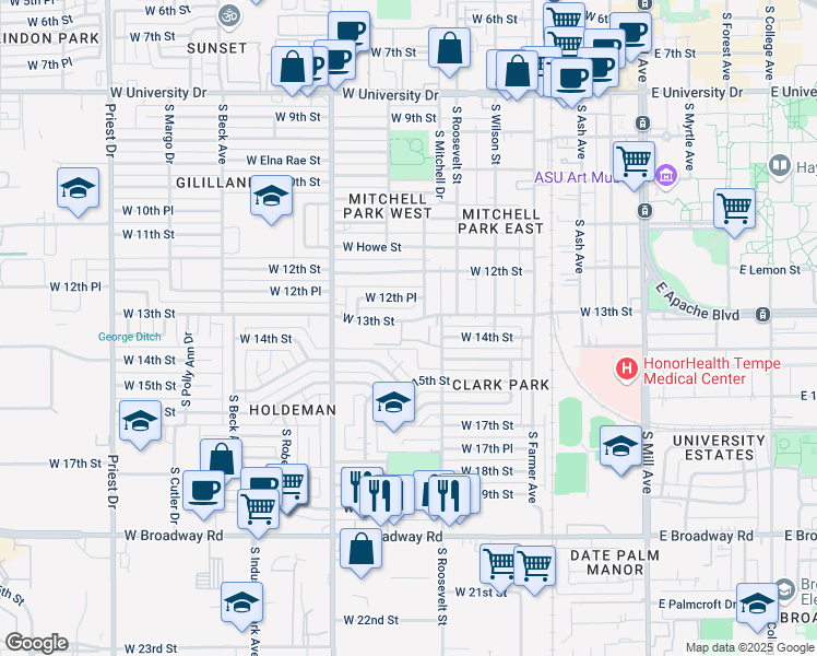 map of restaurants, bars, coffee shops, grocery stores, and more near 14 South Judd Street in Tempe