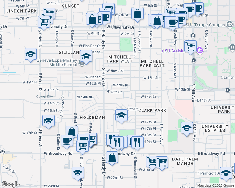 map of restaurants, bars, coffee shops, grocery stores, and more near 812 West 14th Street in Tempe
