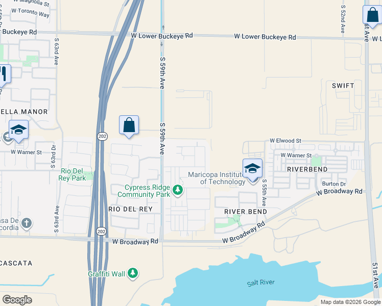 map of restaurants, bars, coffee shops, grocery stores, and more near 3719 South 57th Drive in Phoenix