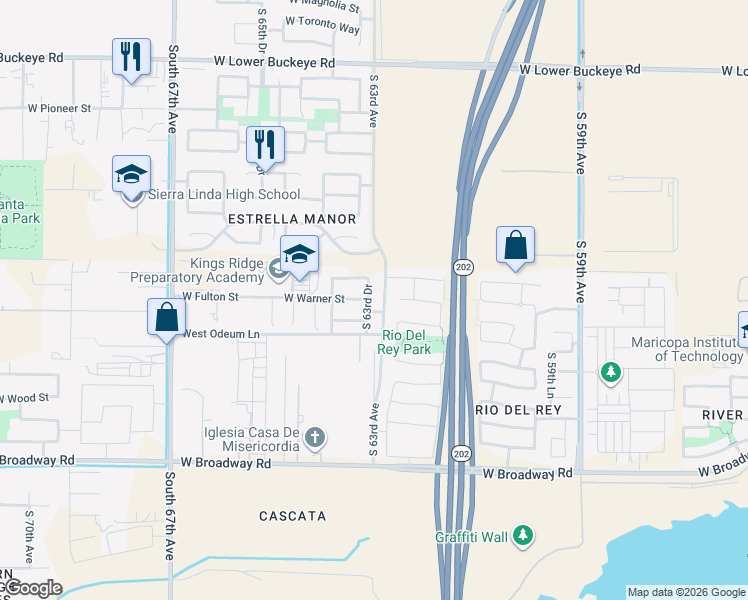map of restaurants, bars, coffee shops, grocery stores, and more near 3727 South 63rd Drive in Phoenix