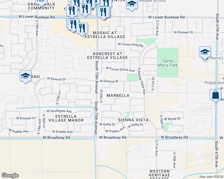 map of restaurants, bars, coffee shops, grocery stores, and more near 7359 West Raymond Street in Phoenix