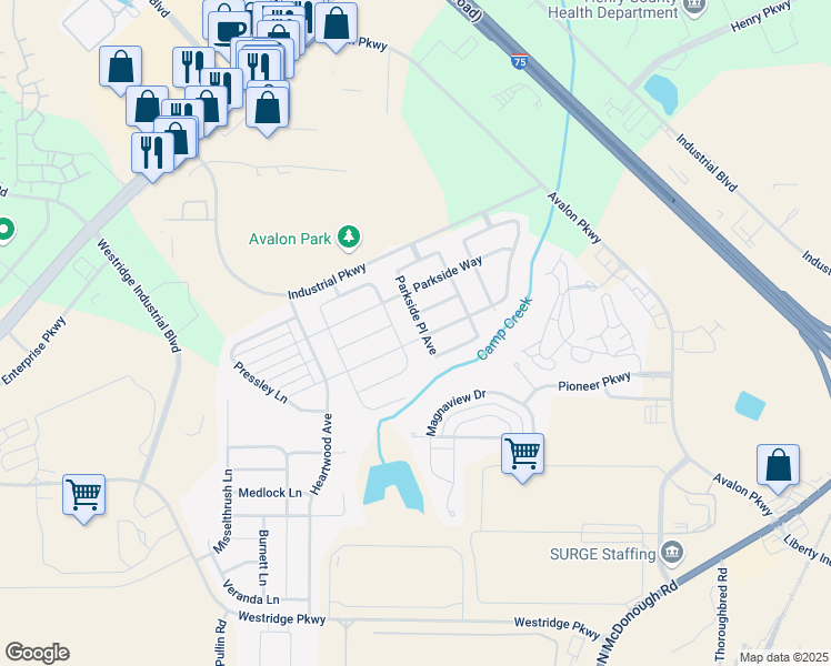 map of restaurants, bars, coffee shops, grocery stores, and more near 640 Parkside Place Drive in McDonough