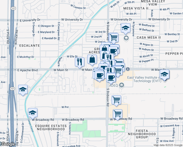 map of restaurants, bars, coffee shops, grocery stores, and more near 2121 West Main Street in Mesa