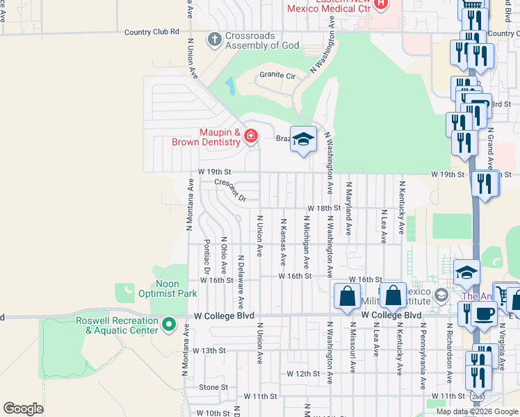 map of restaurants, bars, coffee shops, grocery stores, and more near 1798 N Union Ave in Roswell