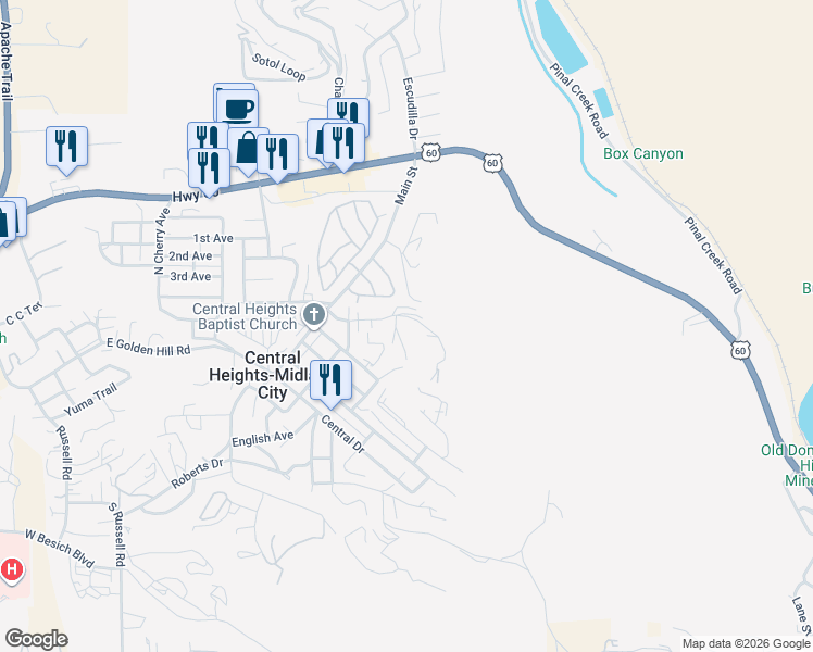 map of restaurants, bars, coffee shops, grocery stores, and more near 6009 Short Avenue in Globe