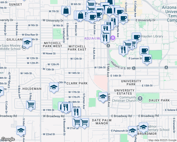 map of restaurants, bars, coffee shops, grocery stores, and more near 1313 South Farmer Avenue in Tempe