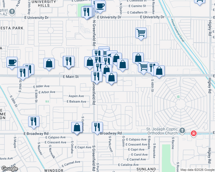 map of restaurants, bars, coffee shops, grocery stores, and more near 4433 East Main Street in Mesa