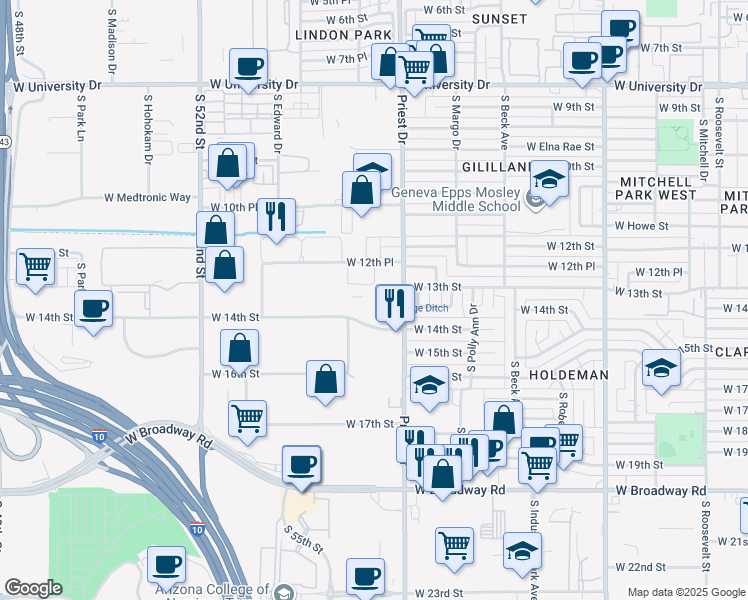 map of restaurants, bars, coffee shops, grocery stores, and more near 1320 S Priest Dr in Tempe