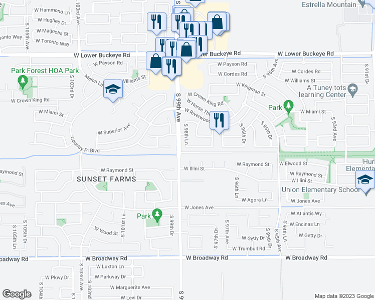 map of restaurants, bars, coffee shops, grocery stores, and more near 9841 West Heber Road in Tolleson