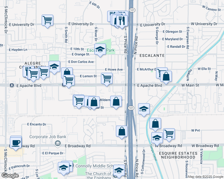 map of restaurants, bars, coffee shops, grocery stores, and more near 2151 East Apache Boulevard in Tempe
