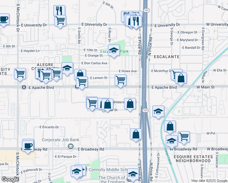 map of restaurants, bars, coffee shops, grocery stores, and more near 2111 Apache Blvd in Tempe