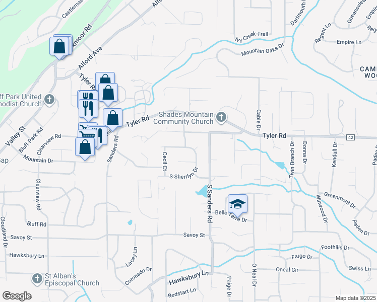 map of restaurants, bars, coffee shops, grocery stores, and more near 2272 Sherrlyn Drive North in Birmingham