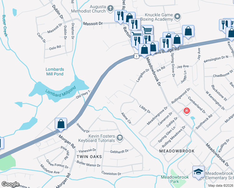 map of restaurants, bars, coffee shops, grocery stores, and more near 3038 Libby Drive in Augusta