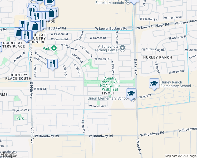 map of restaurants, bars, coffee shops, grocery stores, and more near 9403 West Heber Road in Tolleson