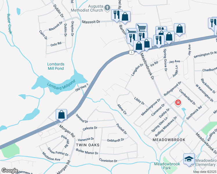 map of restaurants, bars, coffee shops, grocery stores, and more near 3053 Libby Drive in Augusta