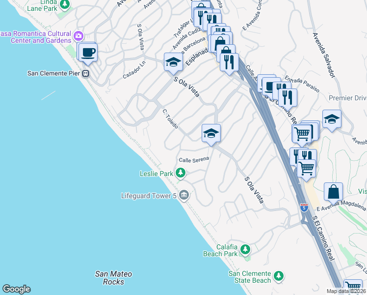 map of restaurants, bars, coffee shops, grocery stores, and more near 226 Calle Marina in San Clemente