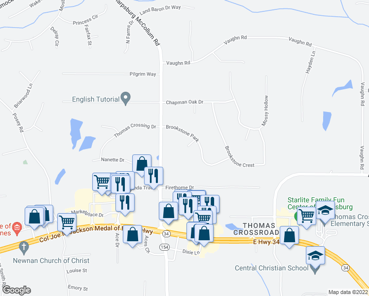 map of restaurants, bars, coffee shops, grocery stores, and more near 31 Pebble Way in Newnan