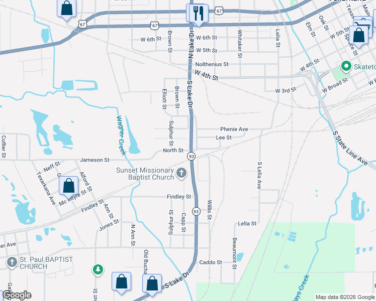 map of restaurants, bars, coffee shops, grocery stores, and more near 1513 North Street in Texarkana