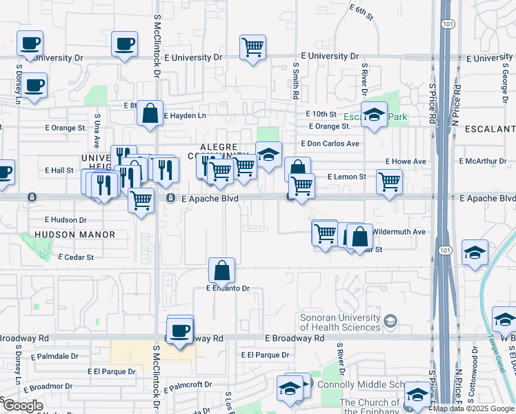 map of restaurants, bars, coffee shops, grocery stores, and more near 1915 Apache Boulevard in Tempe