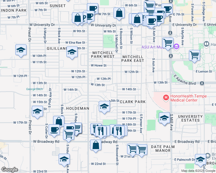 map of restaurants, bars, coffee shops, grocery stores, and more near 14 South Judd Street in Tempe