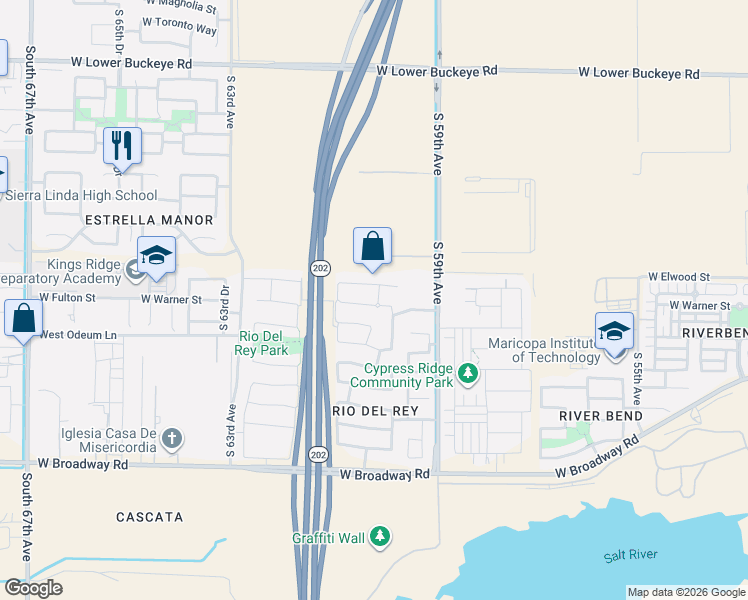 map of restaurants, bars, coffee shops, grocery stores, and more near 6018 West Warner Street in Phoenix