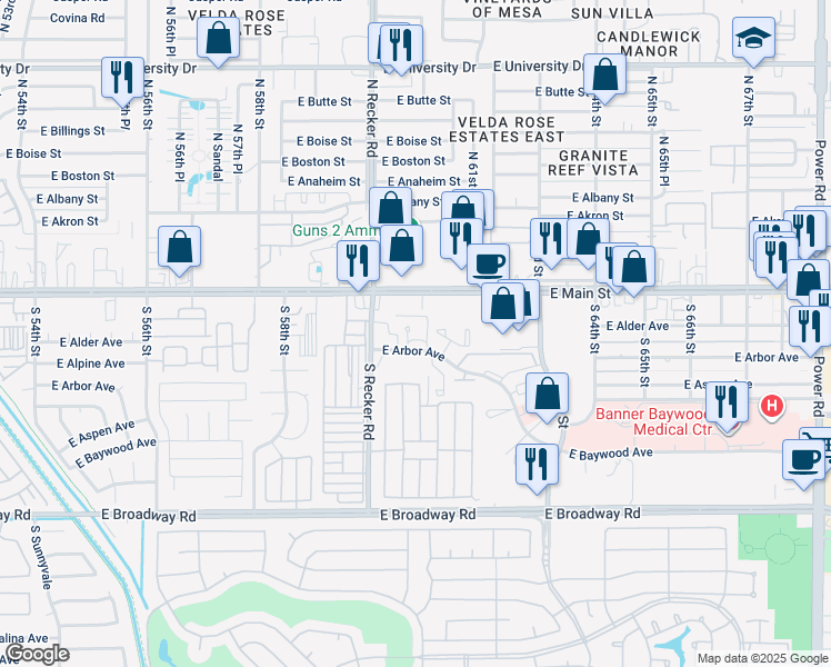 map of restaurants, bars, coffee shops, grocery stores, and more near 6060 East Arbor Avenue in Mesa
