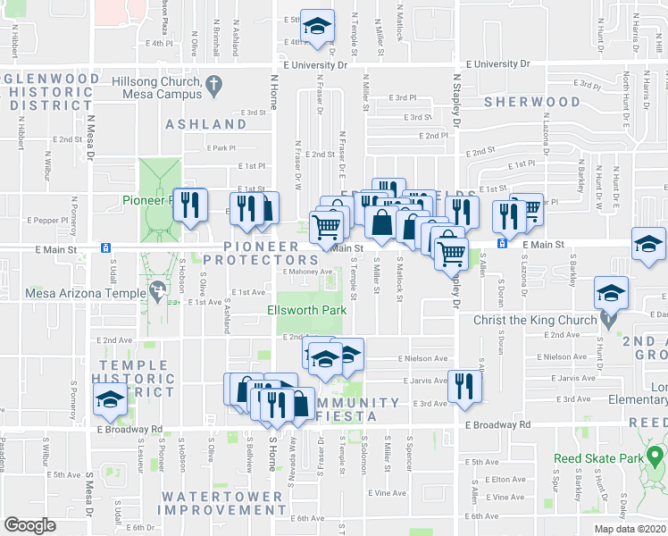 map of restaurants, bars, coffee shops, grocery stores, and more near 919 East Mahoney Avenue in Mesa