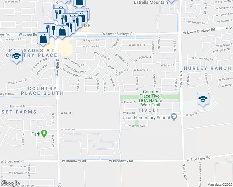 map of restaurants, bars, coffee shops, grocery stores, and more near 9509 West Heber Road in Tolleson