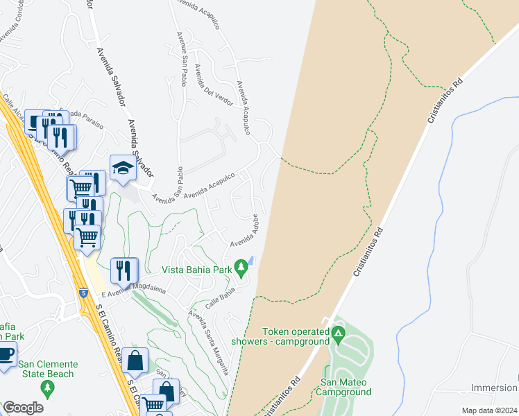 map of restaurants, bars, coffee shops, grocery stores, and more near 548 Avenida Adobe in San Clemente
