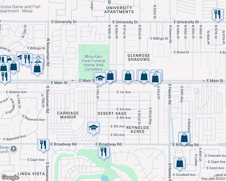 map of restaurants, bars, coffee shops, grocery stores, and more near 8012 East 1st Avenue in Mesa