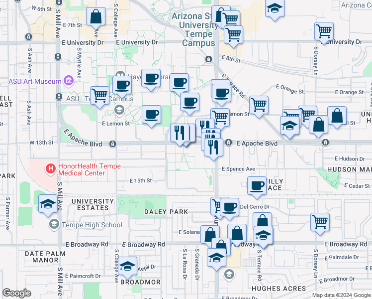map of restaurants, bars, coffee shops, grocery stores, and more near 681 East Apache Boulevard in Tempe