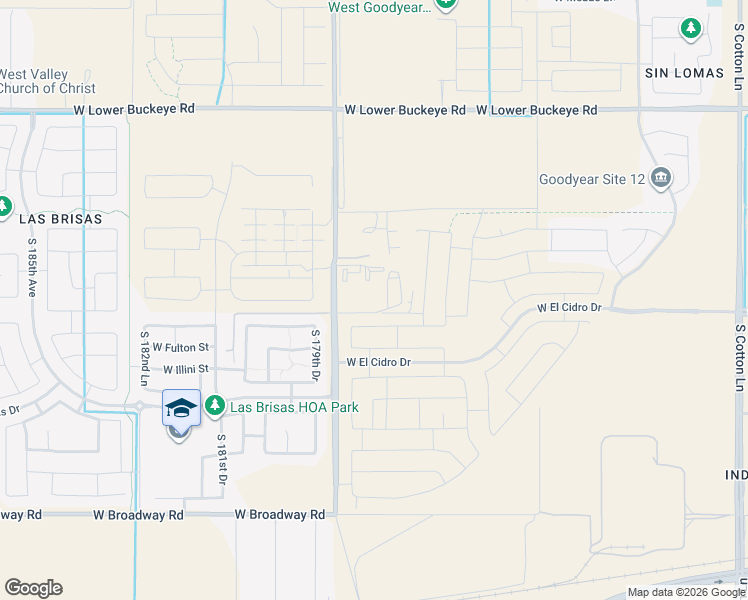 map of restaurants, bars, coffee shops, grocery stores, and more near 3421 179th Avenue in Goodyear