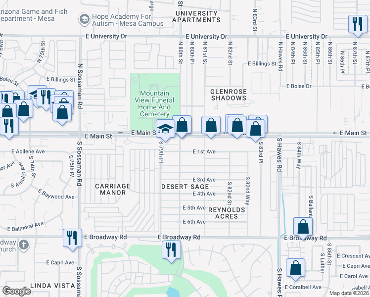 map of restaurants, bars, coffee shops, grocery stores, and more near 8006 East 1st Avenue in Mesa