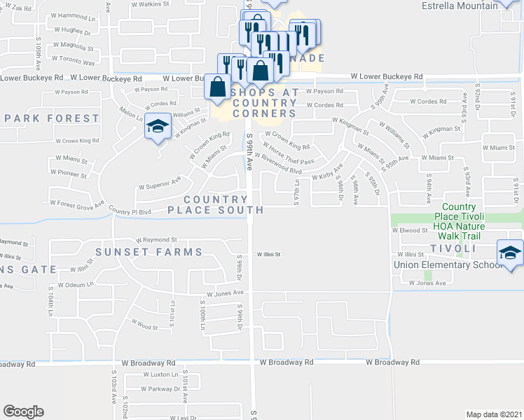 map of restaurants, bars, coffee shops, grocery stores, and more near 9841 West Heber Road in Tolleson