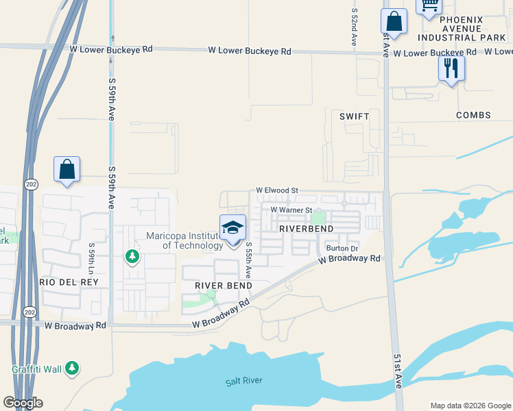 map of restaurants, bars, coffee shops, grocery stores, and more near 3720 South 54th Glen in Phoenix