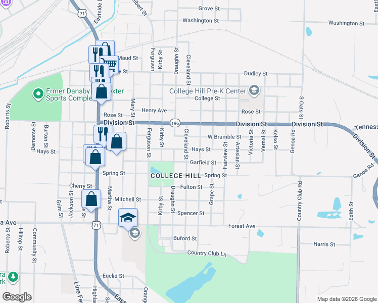map of restaurants, bars, coffee shops, grocery stores, and more near 709 Cleveland Street in Texarkana