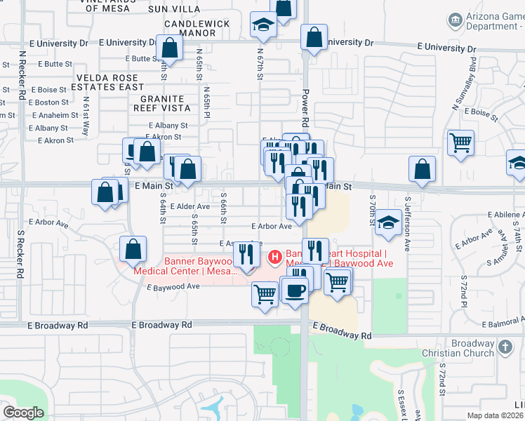 map of restaurants, bars, coffee shops, grocery stores, and more near 6707 East Alder Avenue in Mesa