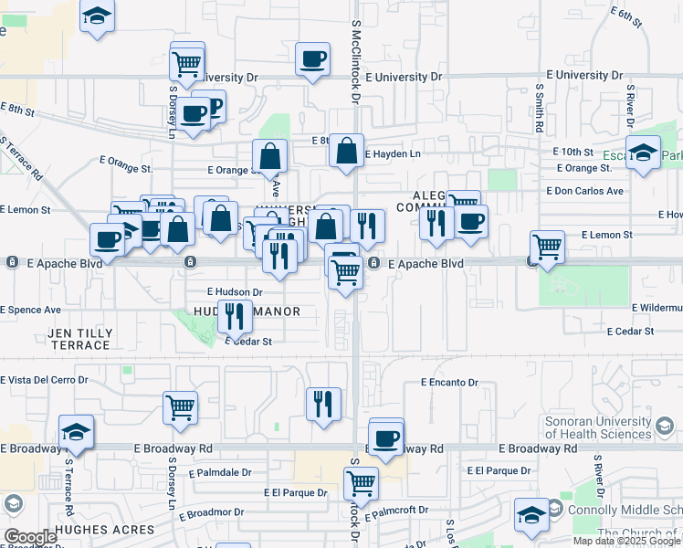 map of restaurants, bars, coffee shops, grocery stores, and more near 1707 East Apache Boulevard in Tempe