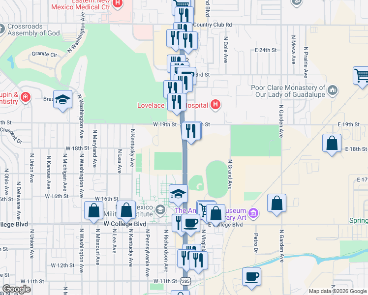 map of restaurants, bars, coffee shops, grocery stores, and more near 1806 North Main Street in Roswell