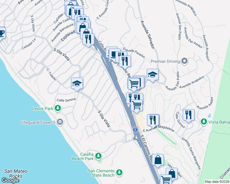 map of restaurants, bars, coffee shops, grocery stores, and more near 2232 Avenida Del Presidente in San Clemente