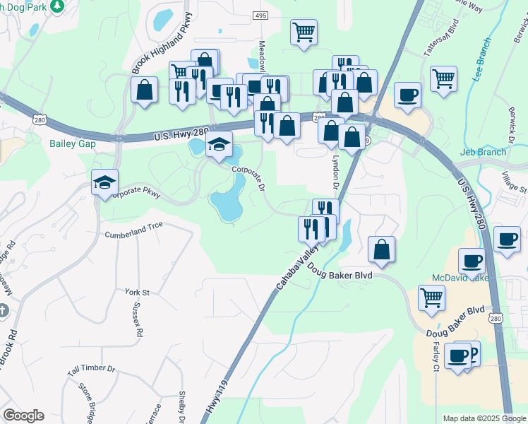 map of restaurants, bars, coffee shops, grocery stores, and more near 2500 Corporate Drive in Birmingham