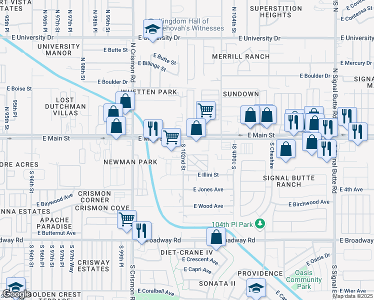 map of restaurants, bars, coffee shops, grocery stores, and more near 25 South 102nd Street in Mesa