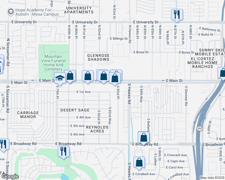 map of restaurants, bars, coffee shops, grocery stores, and more near 27 South 82nd Way in Mesa
