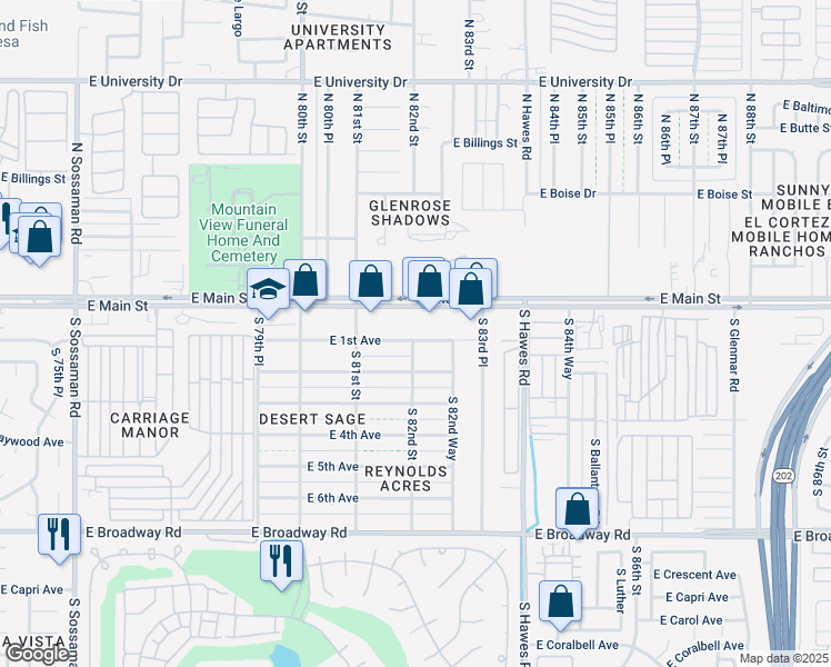 map of restaurants, bars, coffee shops, grocery stores, and more near 8205 East 1st Avenue in Mesa