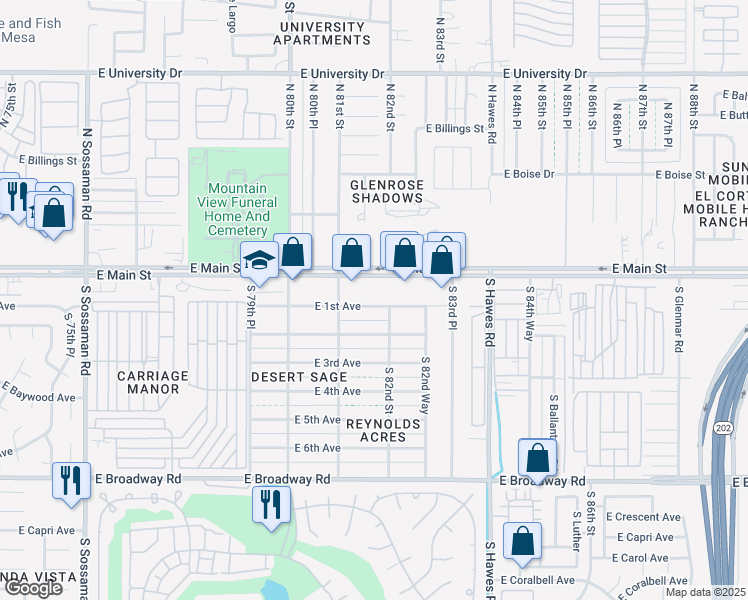 map of restaurants, bars, coffee shops, grocery stores, and more near 8119 East 1st Avenue in Mesa
