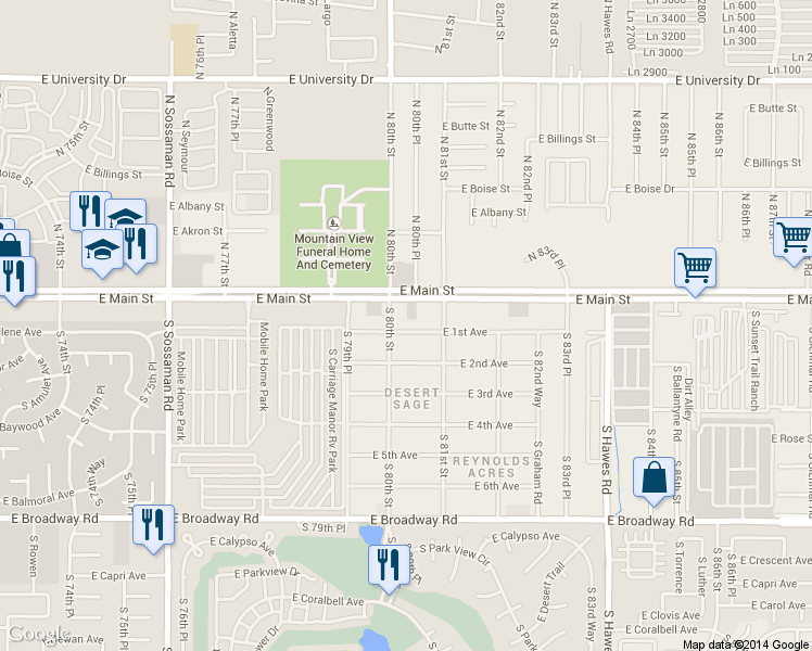 map of restaurants, bars, coffee shops, grocery stores, and more near 8001 East 1st Avenue in Mesa