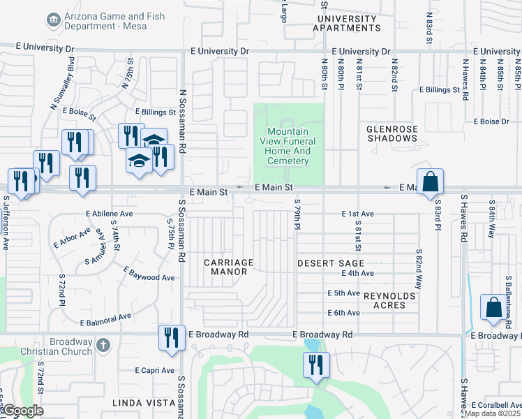 map of restaurants, bars, coffee shops, grocery stores, and more near 7750 East Broadway Road in Mesa