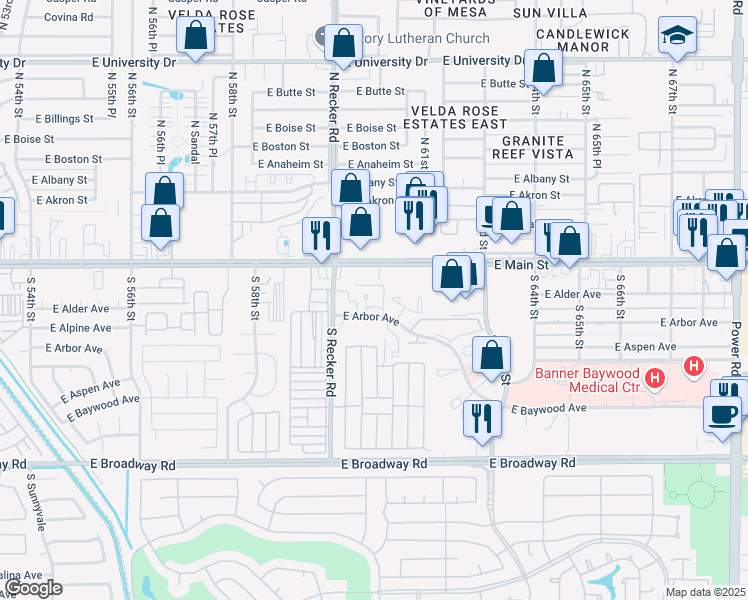 map of restaurants, bars, coffee shops, grocery stores, and more near 6038 East Arbor Avenue in Mesa