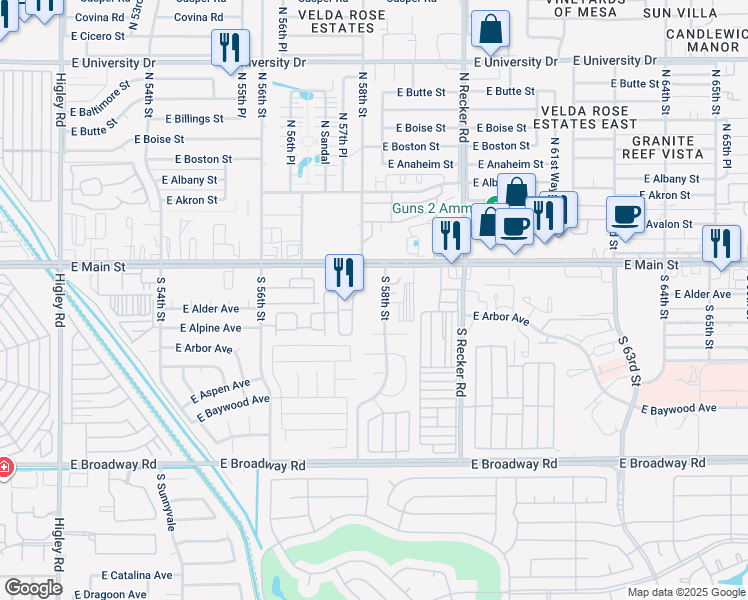 map of restaurants, bars, coffee shops, grocery stores, and more near 103 South 58th Street in Mesa